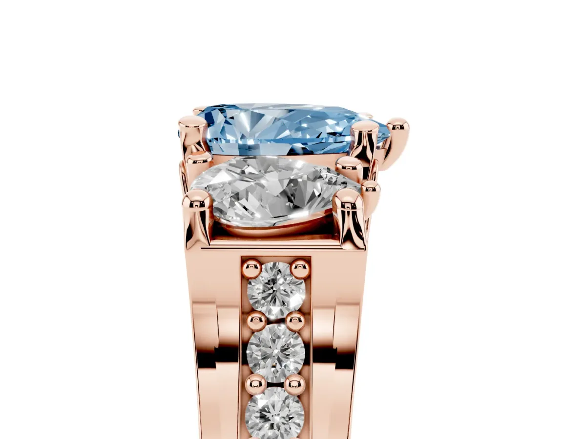 Fancy Blue Pear Cut Diamond Three-Stone Ring with Channel Set Band and Four-Prong Setting Rose gold