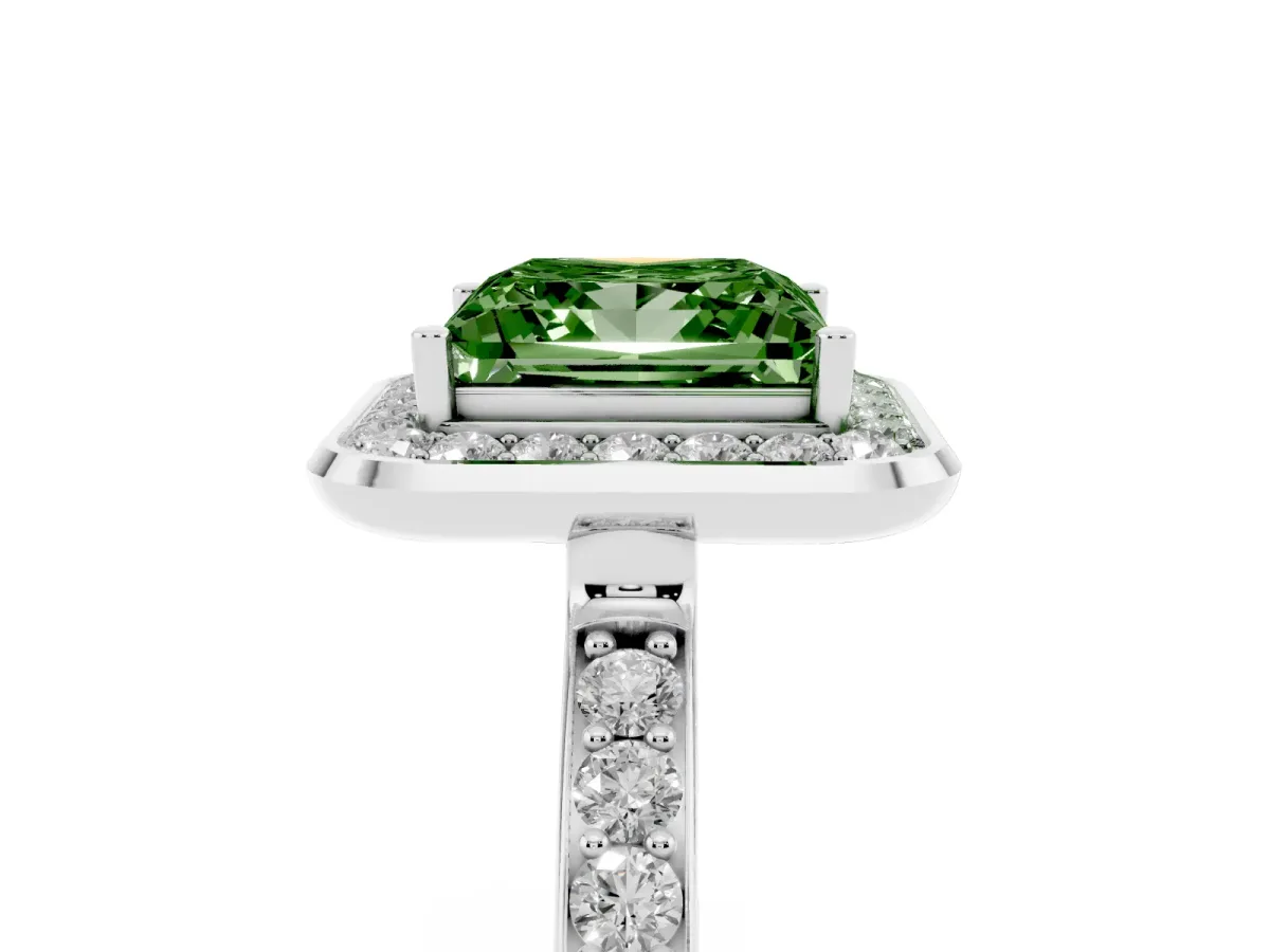 Fancy Green Princess Cut Diamond Halo Ring with Bezel Frame and Pavé Band White gold