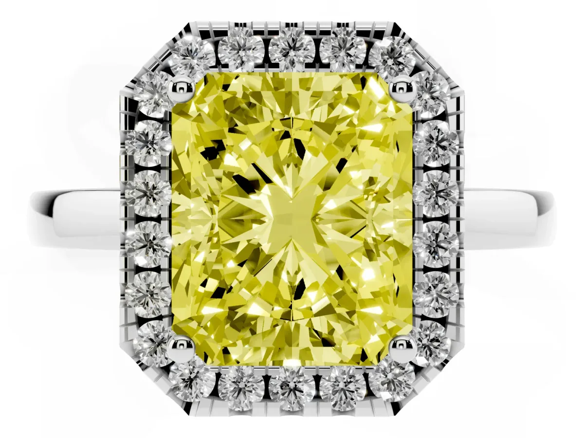 Fancy Yellow Radiant Cut Halo Diamond Solitaire with Pavé Band and Four-Prong Setting Platinum