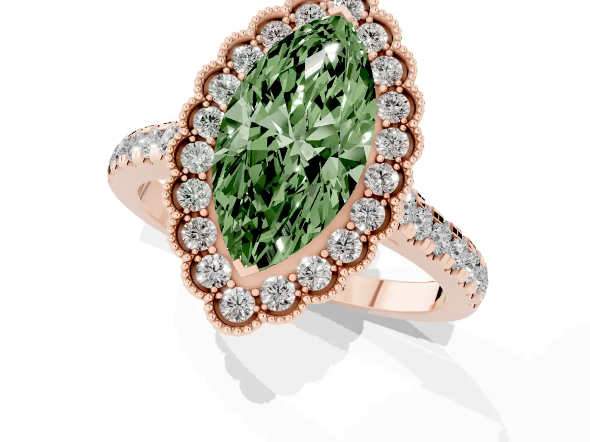 Fancy Green Marquise Cut Cut Diamond Milgrain Floral Halo Engagement Ring with Pavé Band Rose gold