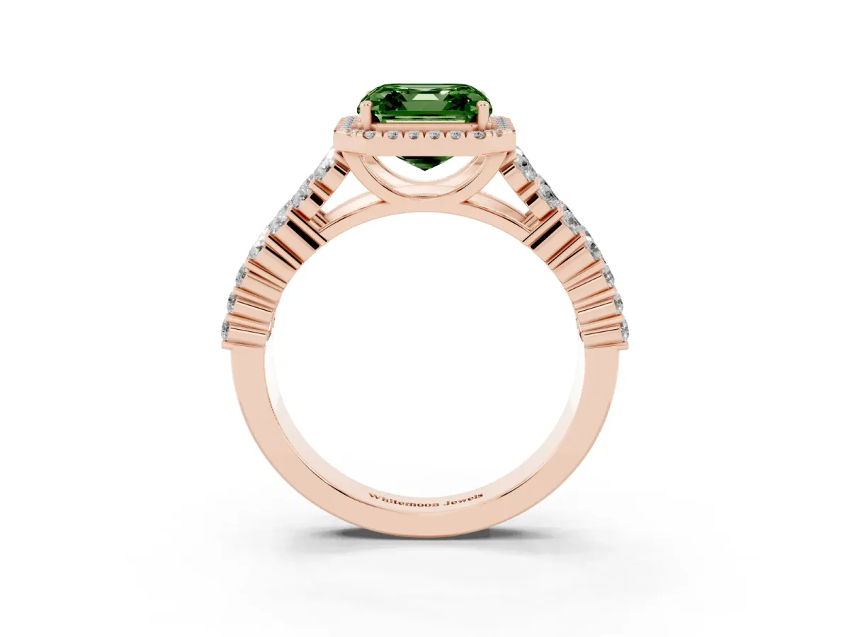 Fancy Green Asscher Cut Diamond Halo Engagement Ring with Triple Row Round Pavé Band and Prong Setting Rose gold