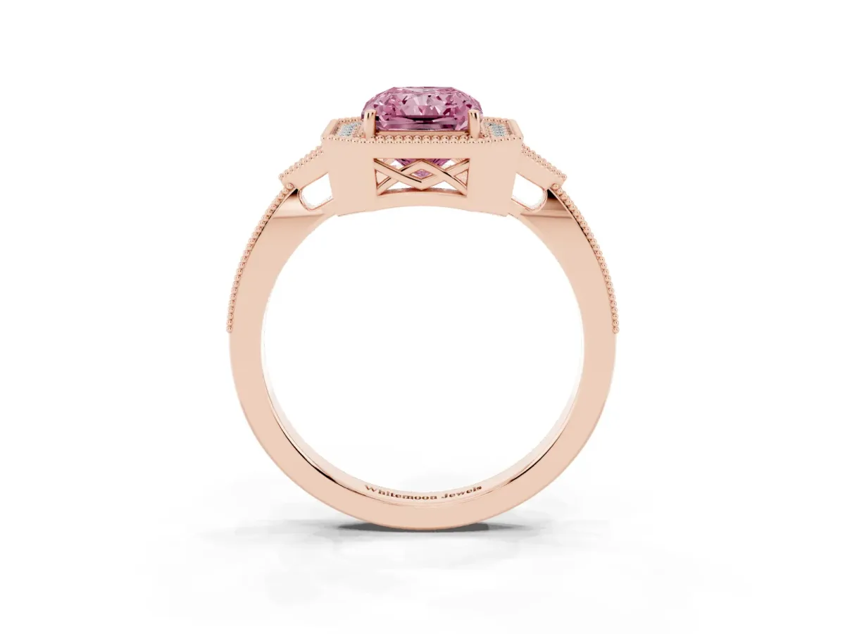 Fancy Pink Radiant Cut Halo Round Diamond Milgrain Pave Engagement Ring Rose gold
