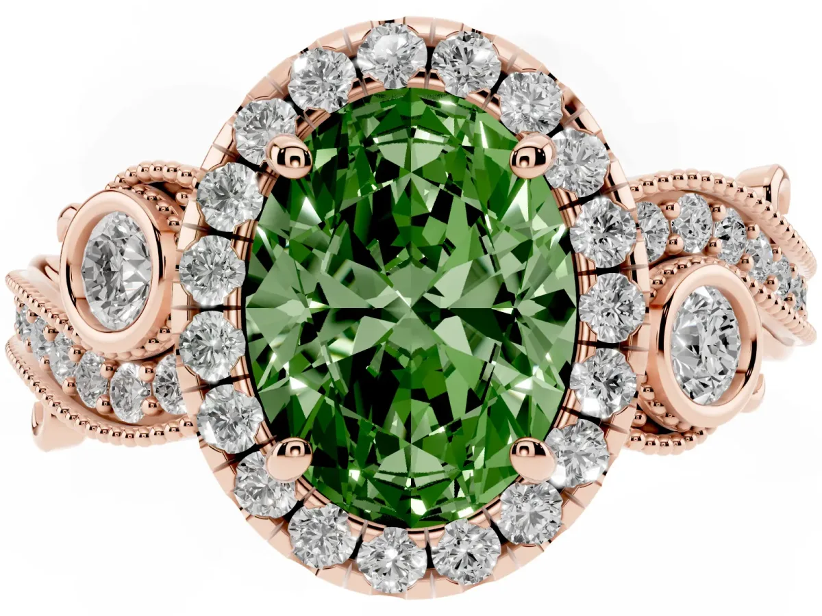 Fancy Green Oval Cut Halo Diamond Ring with Milgrain and Bezel Accents on a Split Shank Band Rose gold