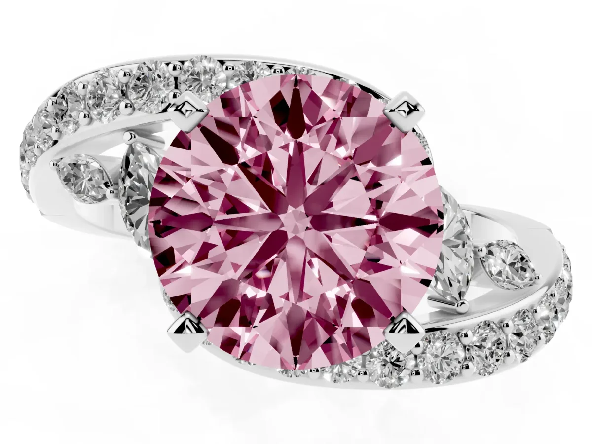 Fancy Pink Round Cut Solitaire with Pavé Twist Band and Four-Prong Setting Silver