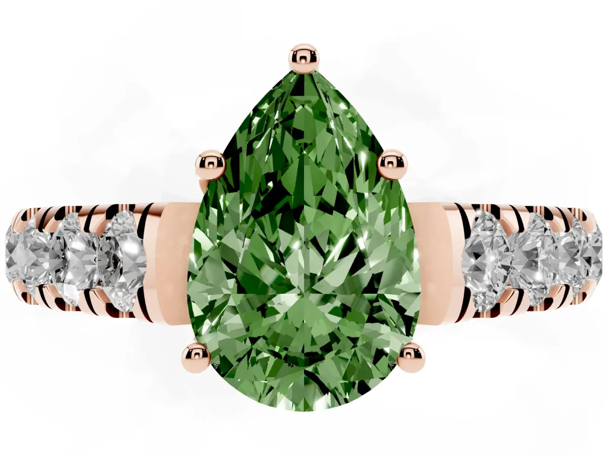 Fancy Green Pear Cut Cut Diamond Solitaire Ring with Micro Pave Band and Prong Setting Rose gold