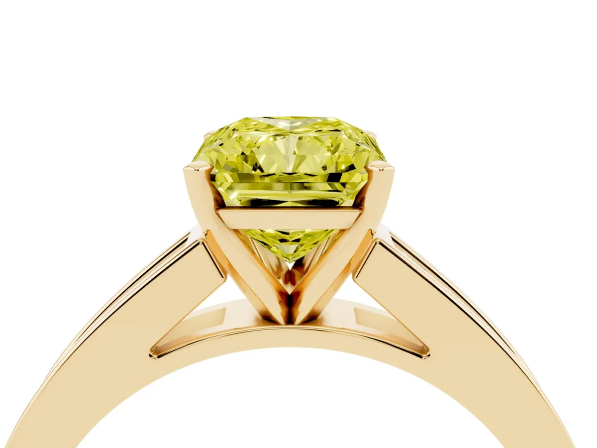 Fancy Yellow Radiant Cut Solitaire Diamond Ring with Channel-Set Band and Four-Prong Setting Yellow gold