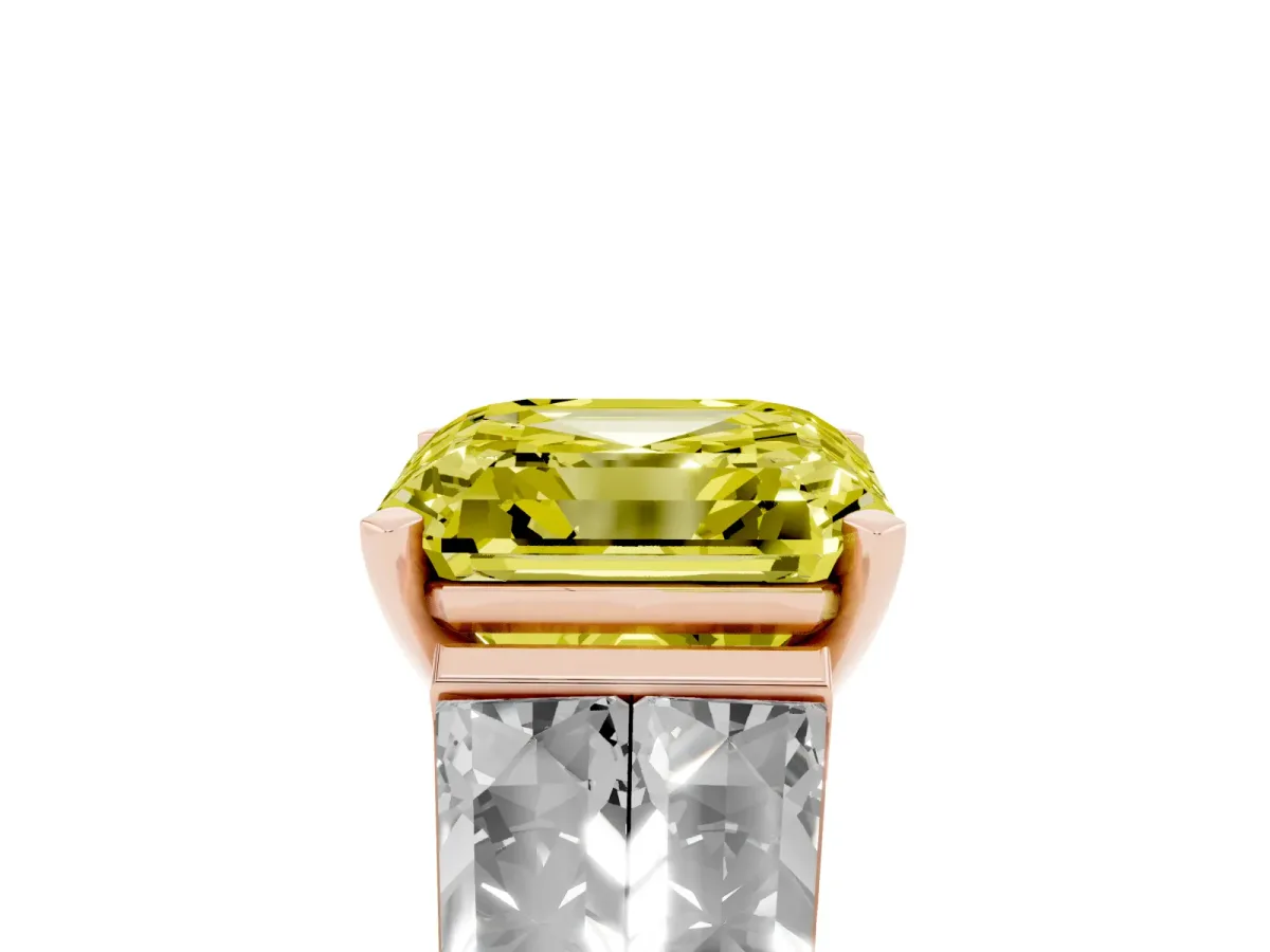 Fancy Yellow Asscher Cut Diamond Engagement Ring with Baguette Side Stones and Channel Set Band Rose gold