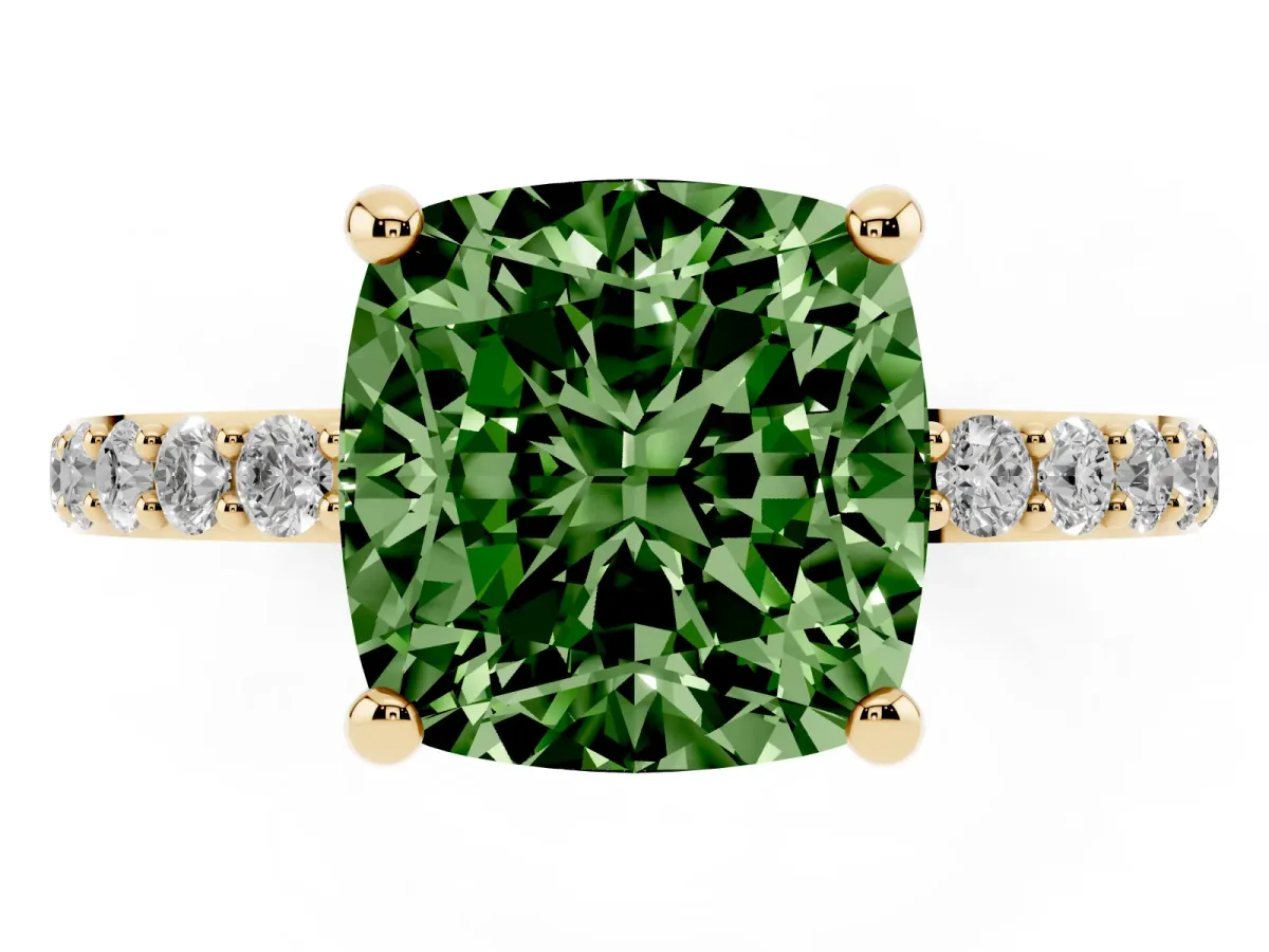 Fancy Green Cushion Cut Diamond Solitaire Ring with Round Pavé Band and Prong Setting Yellow gold