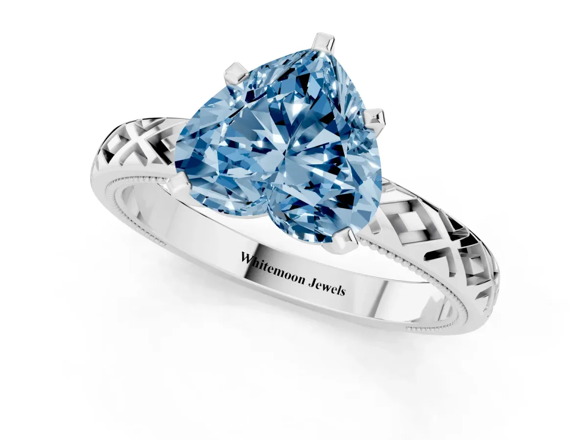 Fancy Blue Heart Cut Solitaire Diamond Ring with Milgrain and Black Enamel X Pattern Band Silver