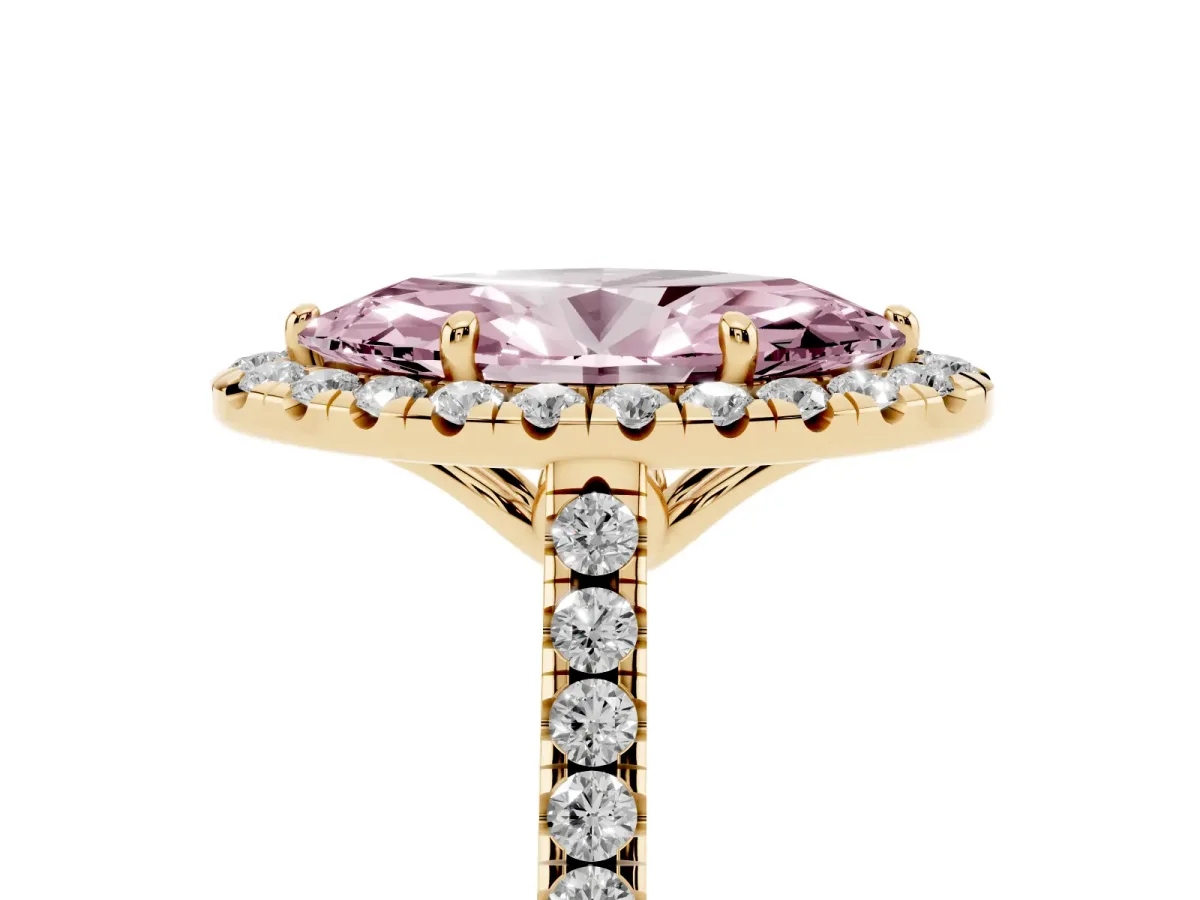 Fancy Pink Marquise Cut Halo Pavé Diamond Engagement Ring with Four-Prong Setting Yellow gold
