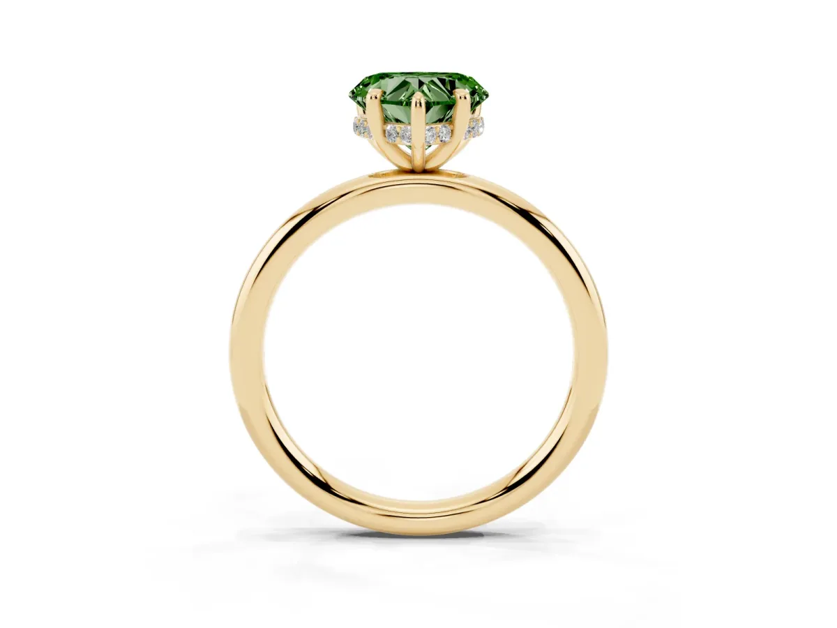 Fancy Green Heart Cut Diamond Solitaire Ring with Thin Band and Four-Prong Setting Yellow gold