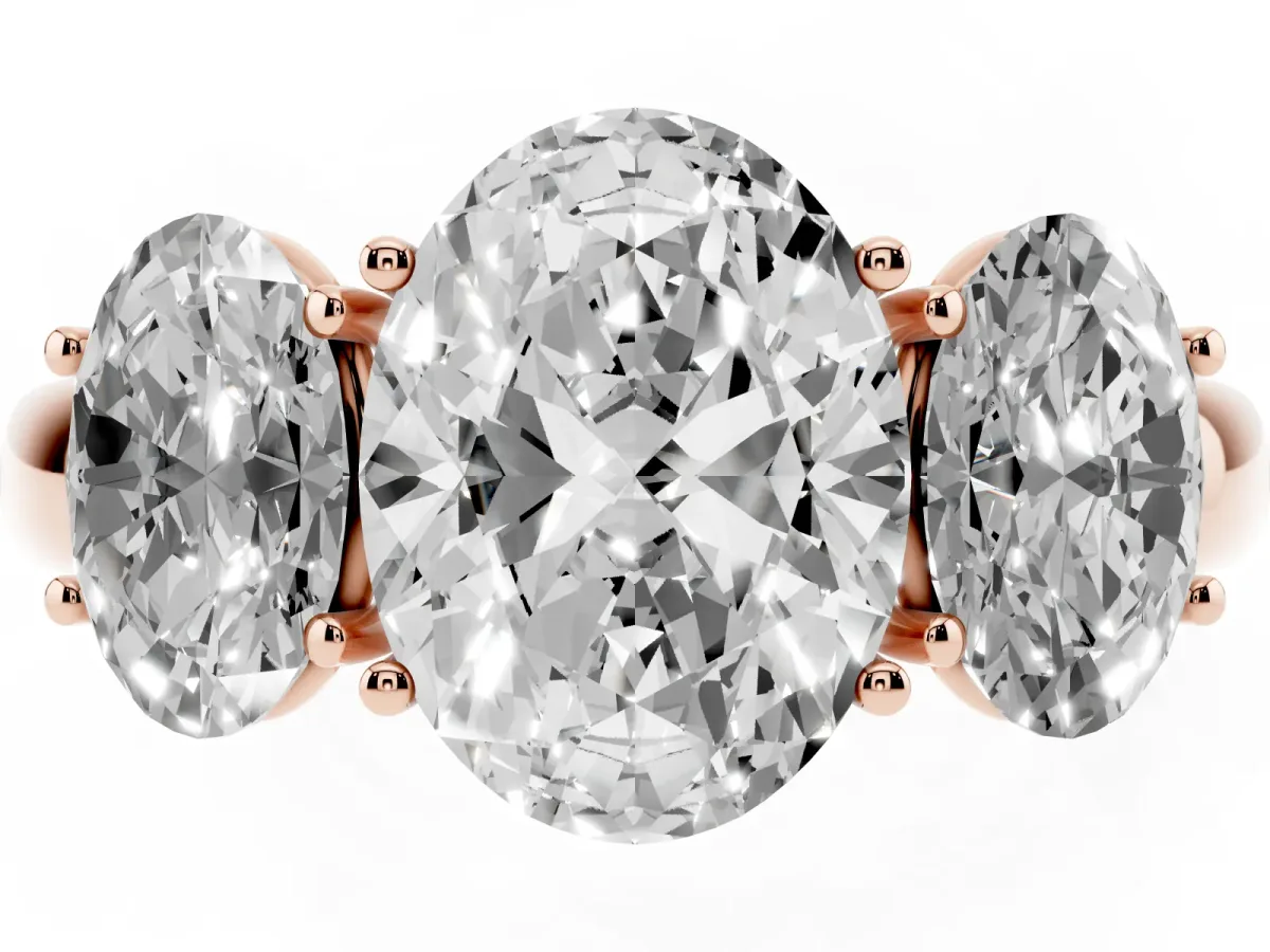 Oval Cut Diamond Three-Stone Ring with Four-Prong Setting and Classic Band Rose gold