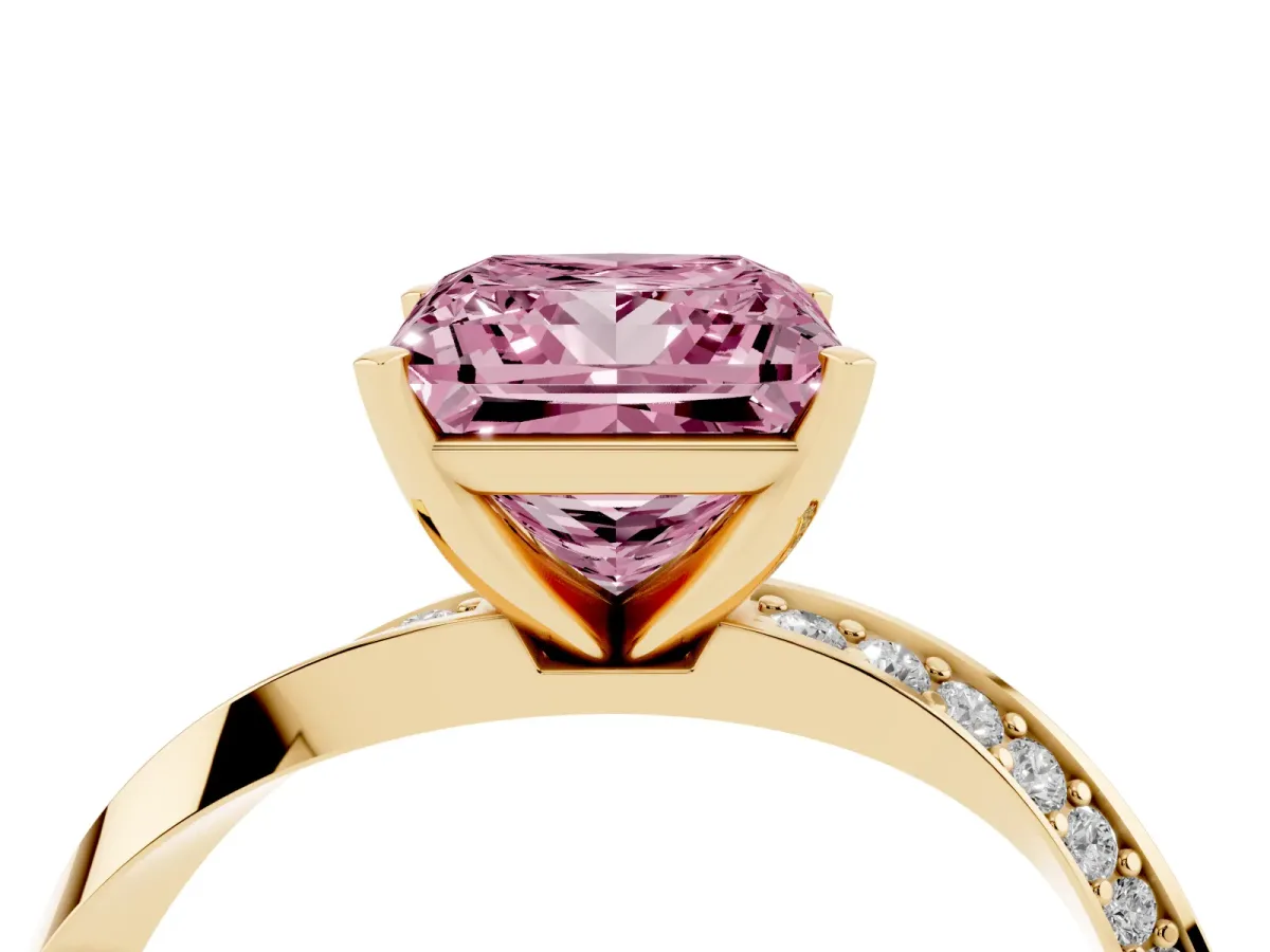 Fancy Pink Princess Cut Diamond Engagement Ring with Side Stone Accents and Four-Prong Setting Yellow gold