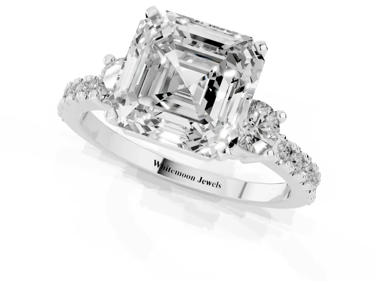 Asscher Cut Three-Stone Diamond Pavé Band with Prong Setting Platinum