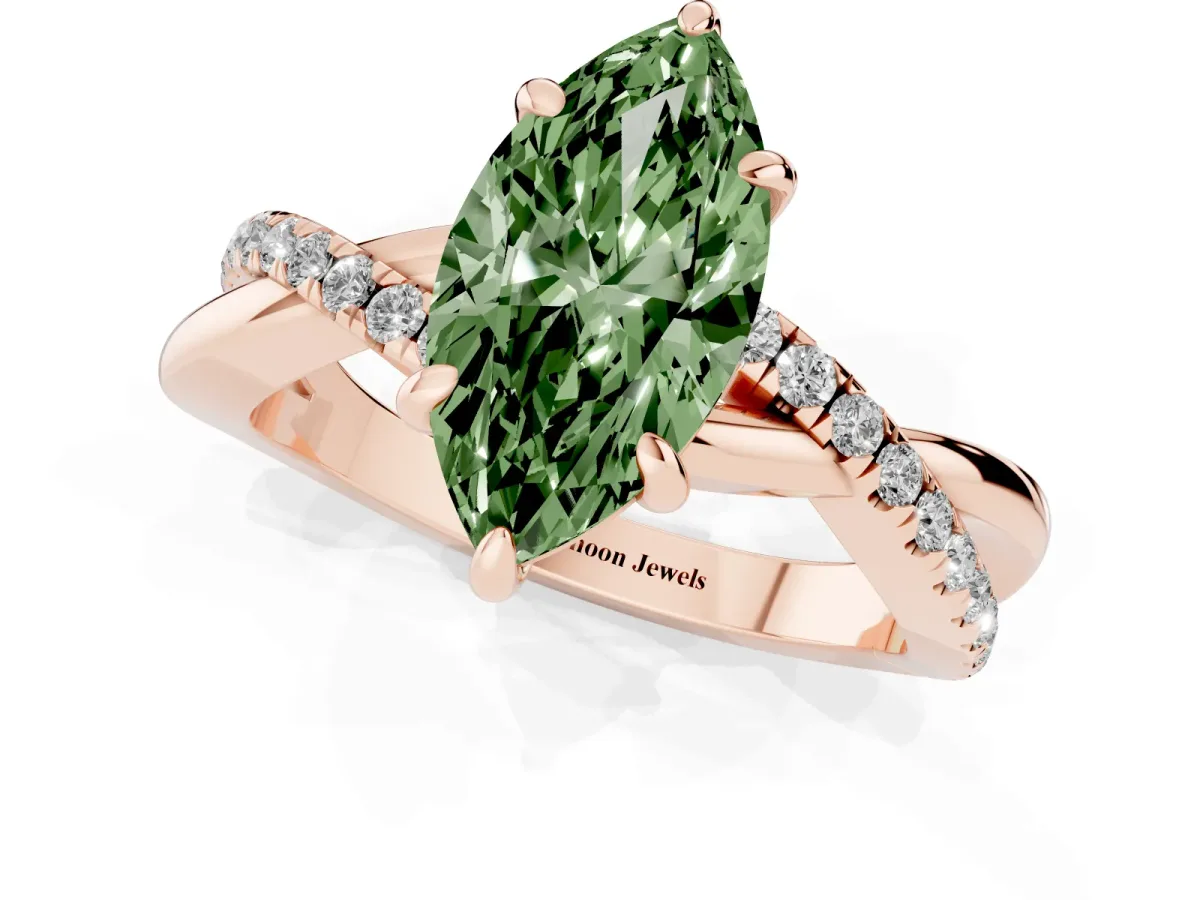Fancy Green Marquise Cut Cut Diamond Twist Band Solitaire with Prong Setting Rose gold