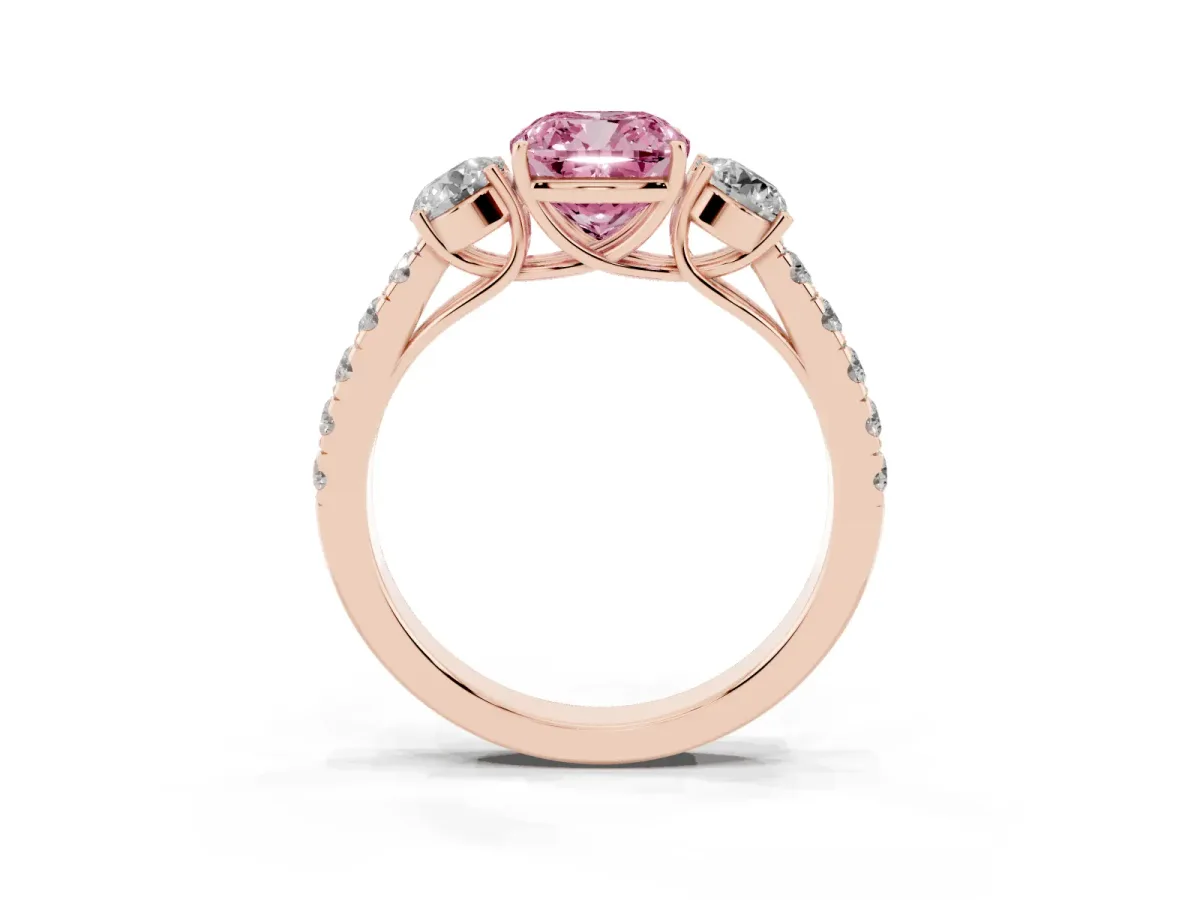 Fancy Pink Cushion Cut Cut Diamond Three-Stone Ring with Round Side Stones and Pavé Band Rose gold