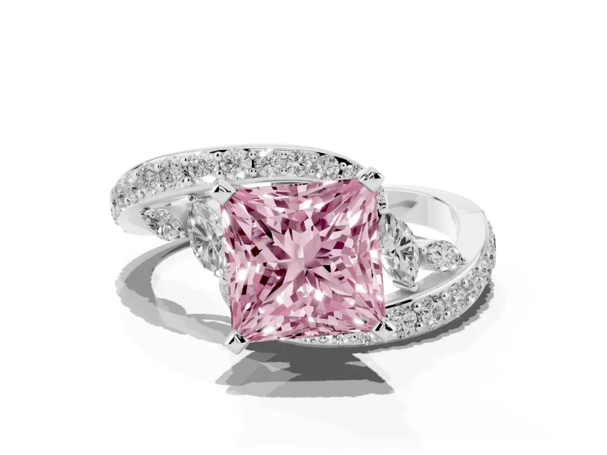 Fancy Pink Princess Cut Solitaire with Pavé Twist Band and Four-Prong Setting Silver