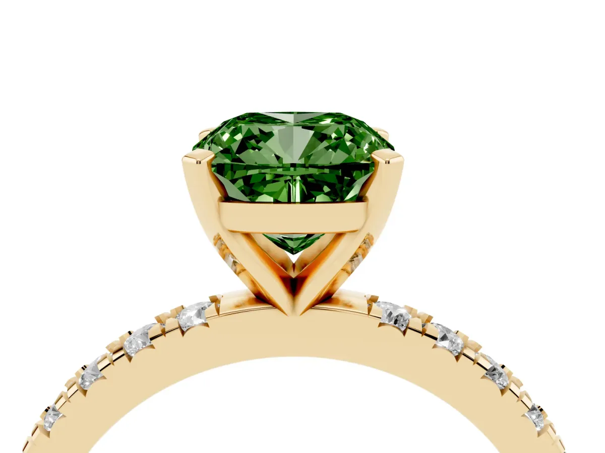Fancy Green Cushion Cut Diamond Pavé Band Solitaire with Four-Prong Setting Yellow gold
