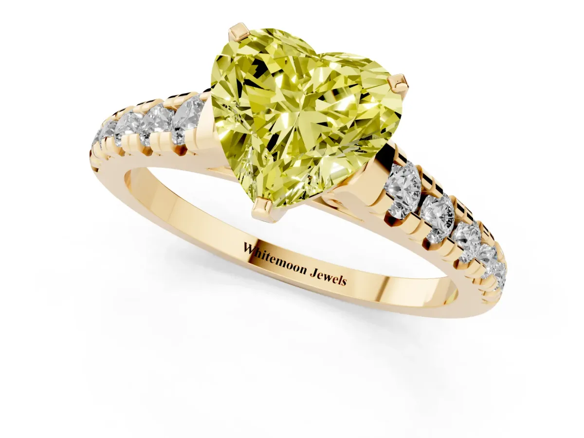 Fancy Yellow Heart Cut Diamond Cathedral Solitaire Ring with Round Pavé Band Yellow gold