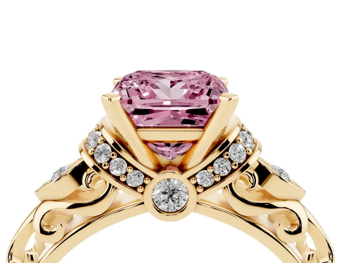 Fancy Pink Princess Cut Diamond Solitaire Ring with Filigree Band and Four-Prong Setting Yellow gold