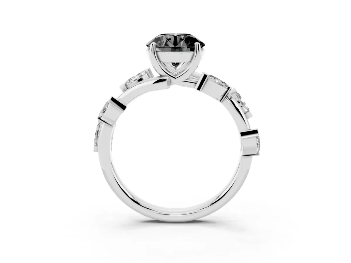 Fancy Black Round Cut Solitaire Twisted Band Marquise Accent Prong Setting Ring Silver