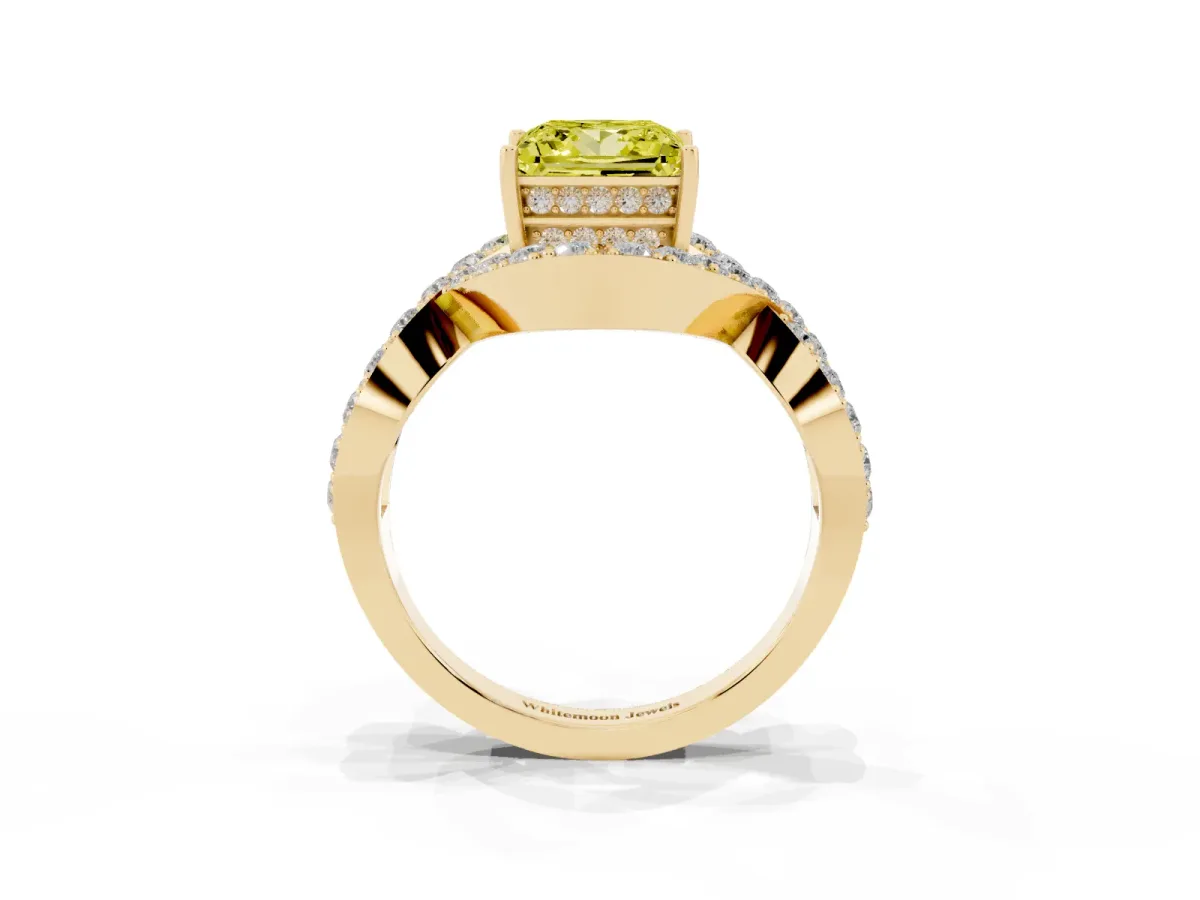 Fancy Yellow Princess Cut Solitaire Twist Band Pavé Diamond Engagement Ring Yellow gold