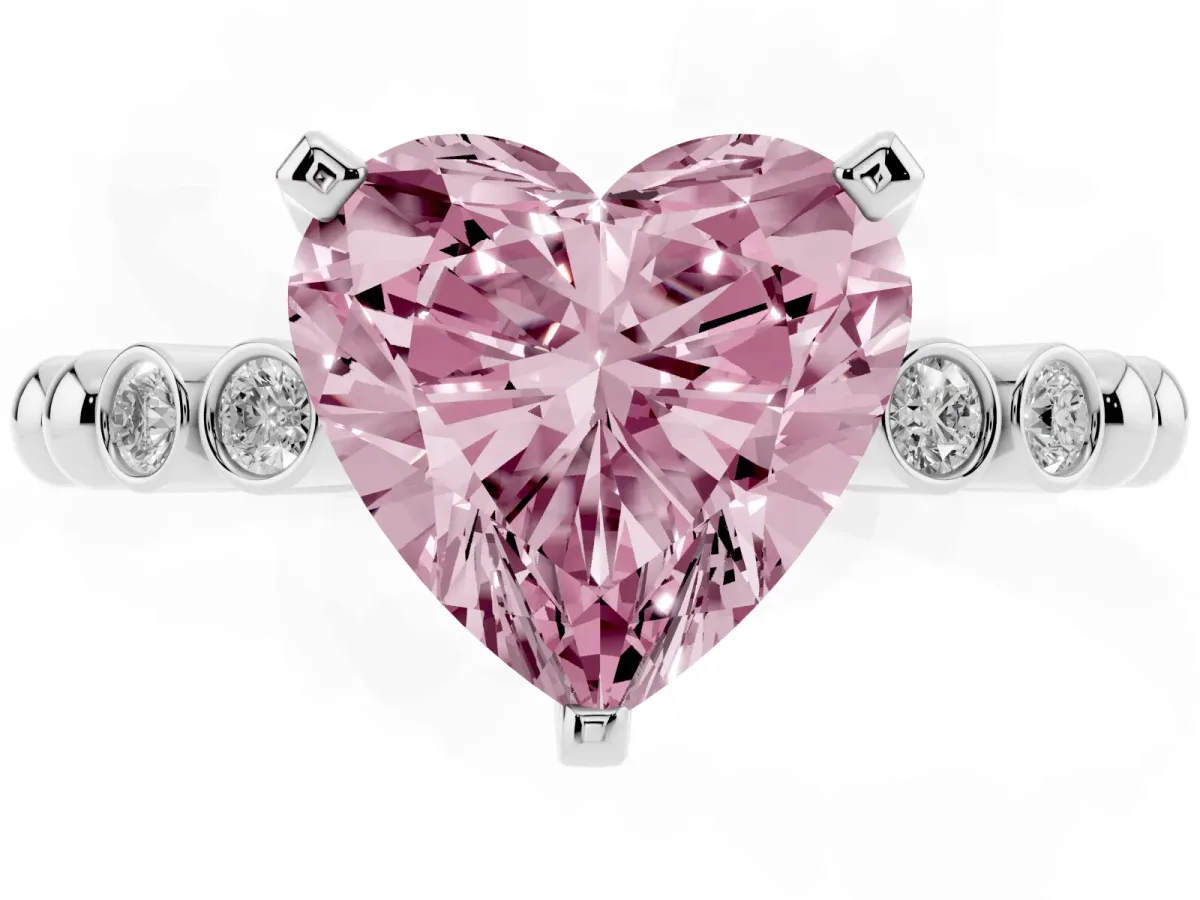 Fancy Pink Heart Cut Solitaire Bezel Accent Diamond Engagement Ring with Beaded Band and Four-Prong Setting Silver