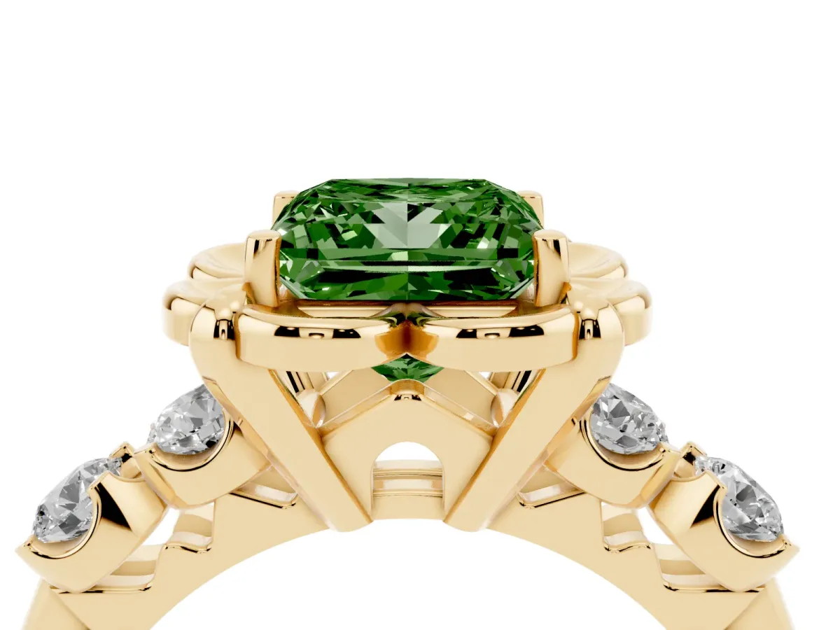 Fancy Green Princess Cut Cut Diamond Floral Halo Engagement Ring with Shared Prong Setting Yellow gold