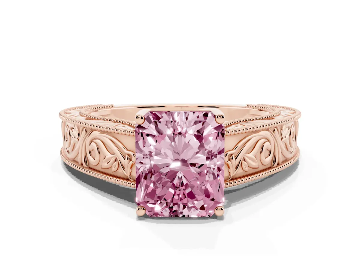 Fancy Pink Radiant Cut Diamond Solitaire Ring with Engraved Band and Four-Prong Setting Rose gold