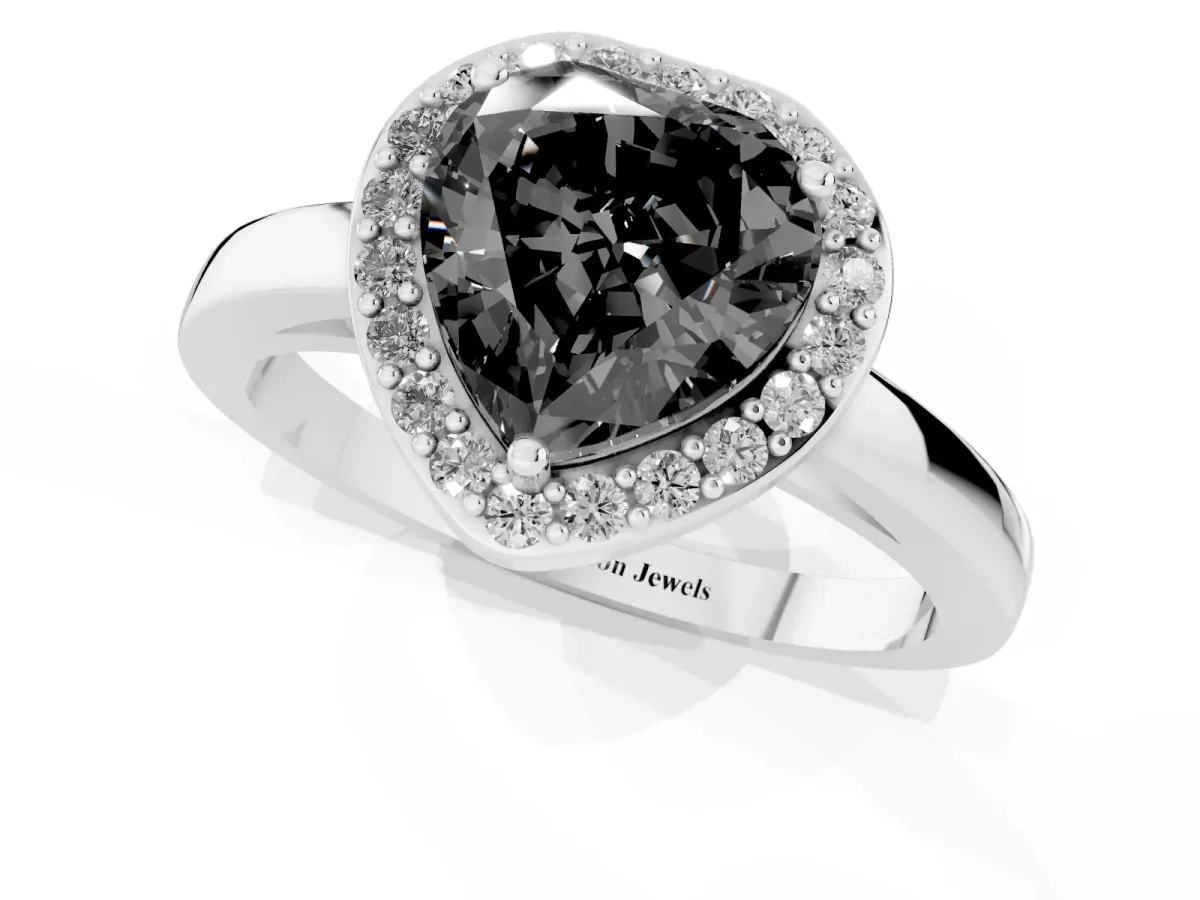 Fancy Black Heart Cut Halo Diamond Ring with Solitaire Band and Prong Setting White gold