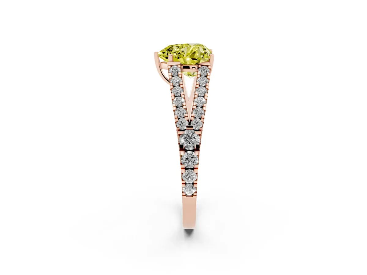 Fancy Yellow Heart Cut Diamond Split Shank Engagement Ring with Round Pavé and Prong Setting Rose gold