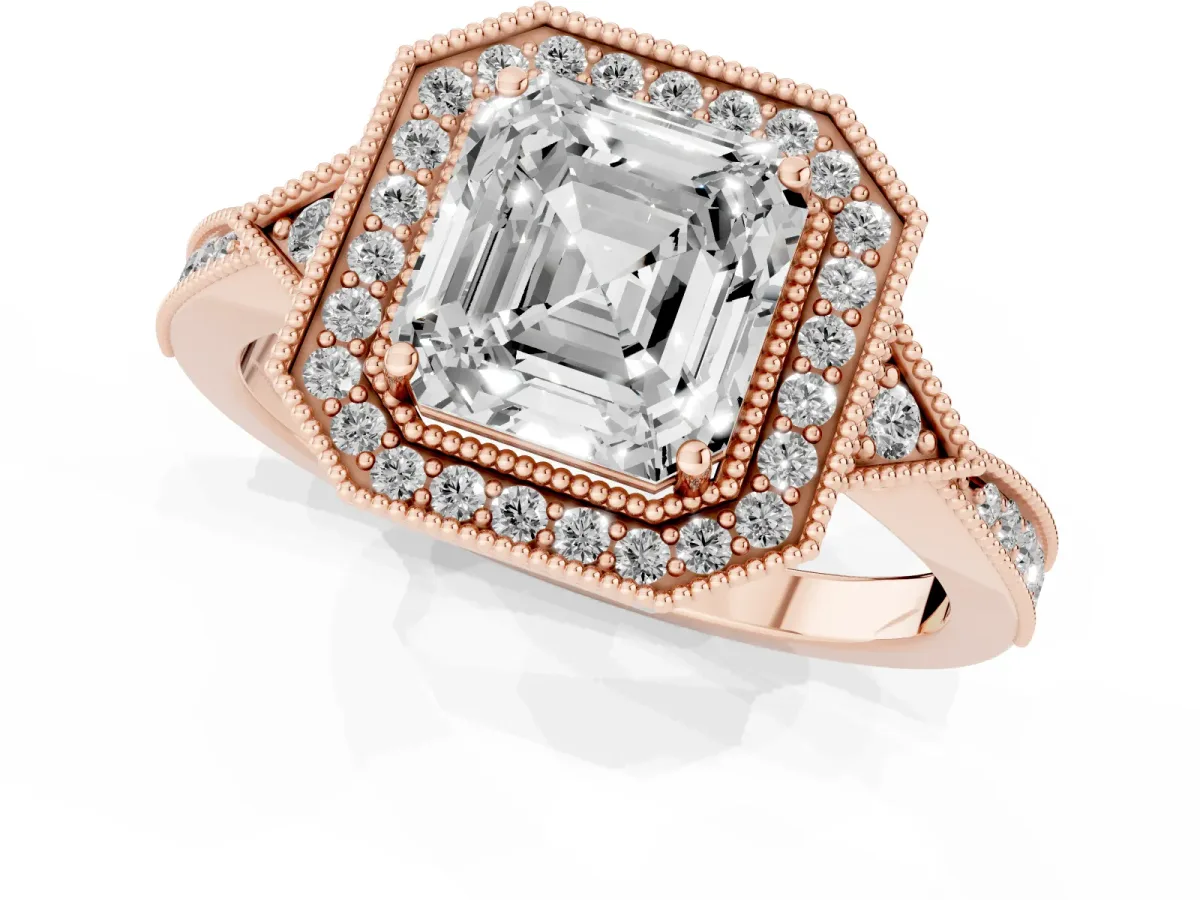 Asscher Cut Halo Round Diamond Milgrain Pave Engagement Ring Rose gold