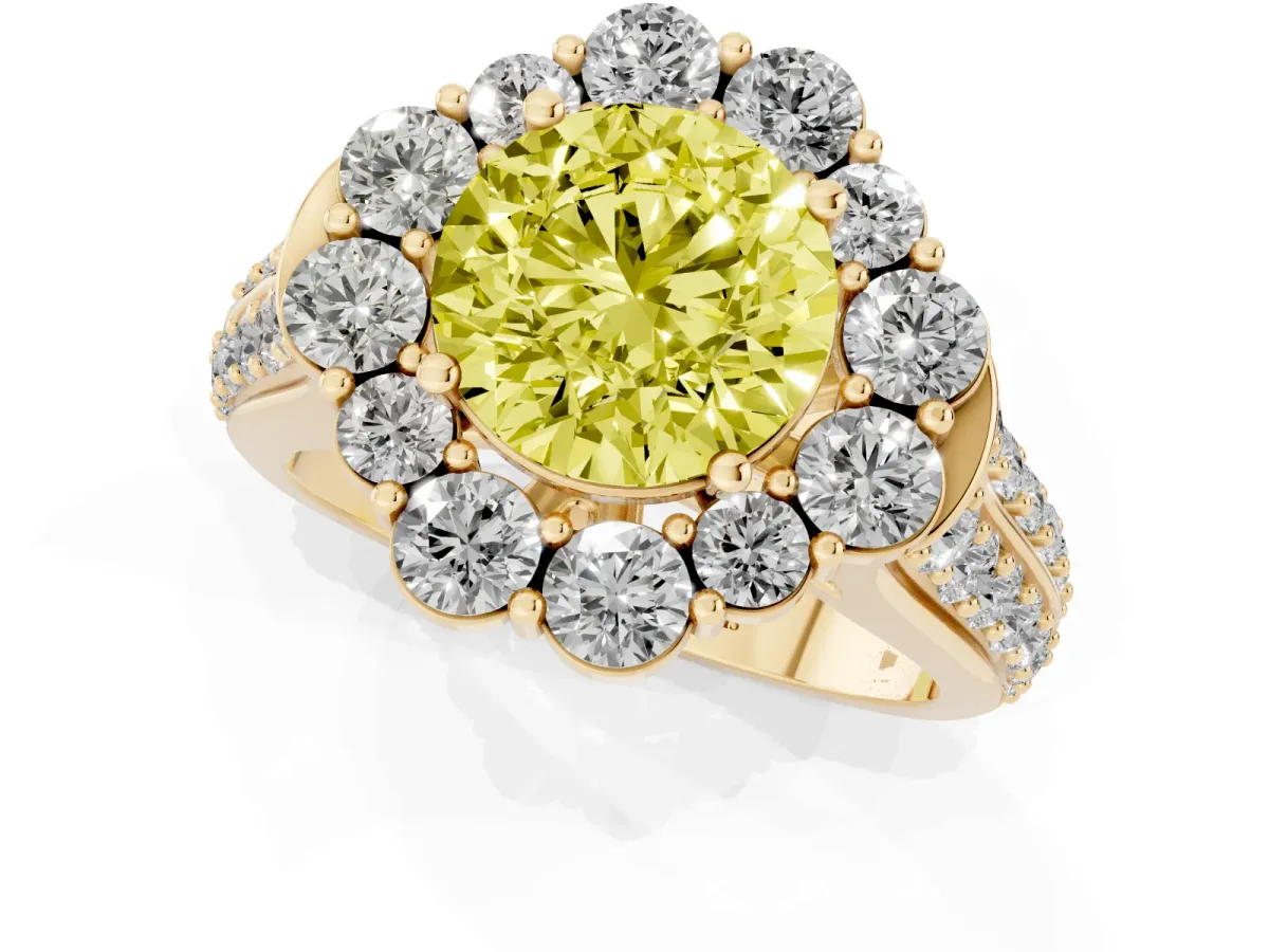 Fancy Yellow Round Cut Halo Diamond Engagement Ring with Split Shank and Prong Setting Yellow gold
