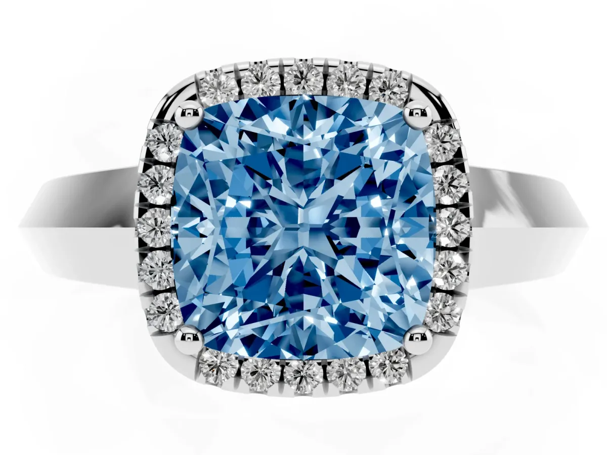 Fancy Blue Cushion Cut Halo Diamond Ring with Cathedral Band and Four-Prong Setting Silver