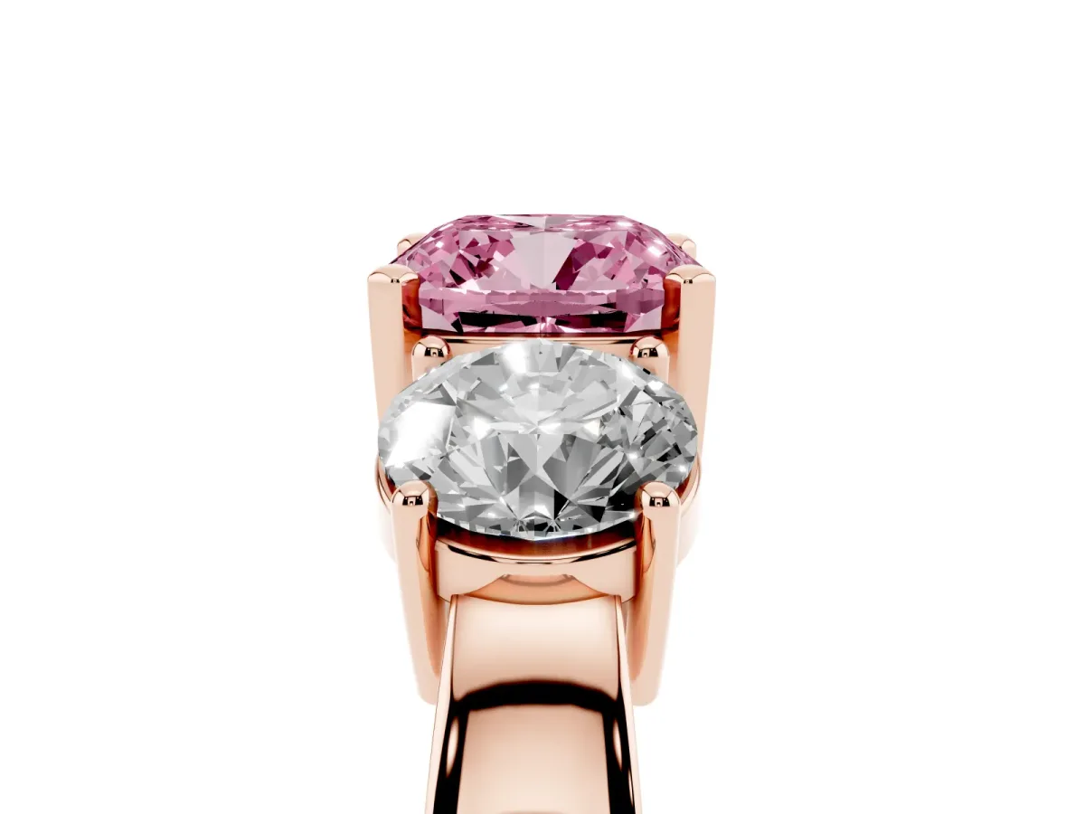Fancy Pink Three-Stone Cushion Cut Diamond Ring with Round Side Stones, Classic Band, and Four-Prong Setting Rose gold