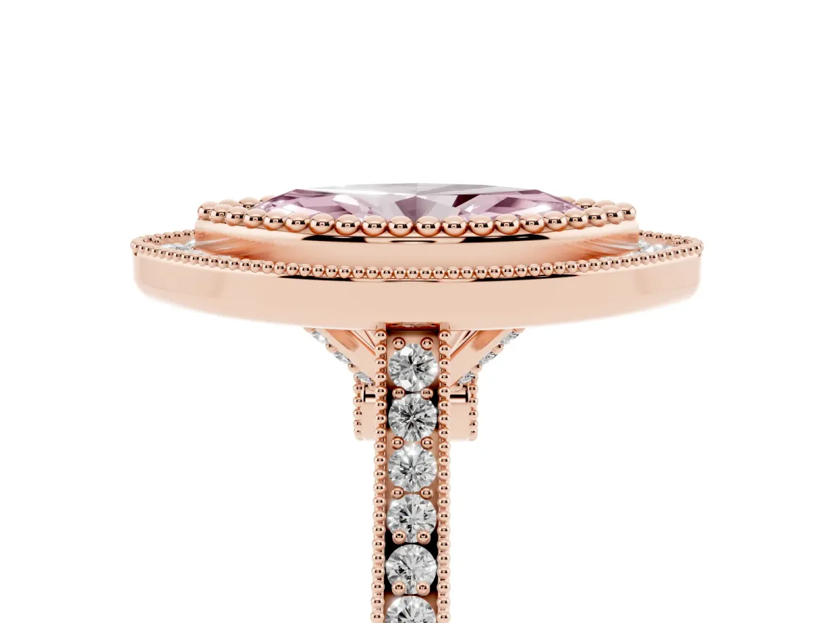 Fancy Pink Marquise Cut Diamond Halo Ring with Milgrain Frame and Pavé Band Rose gold