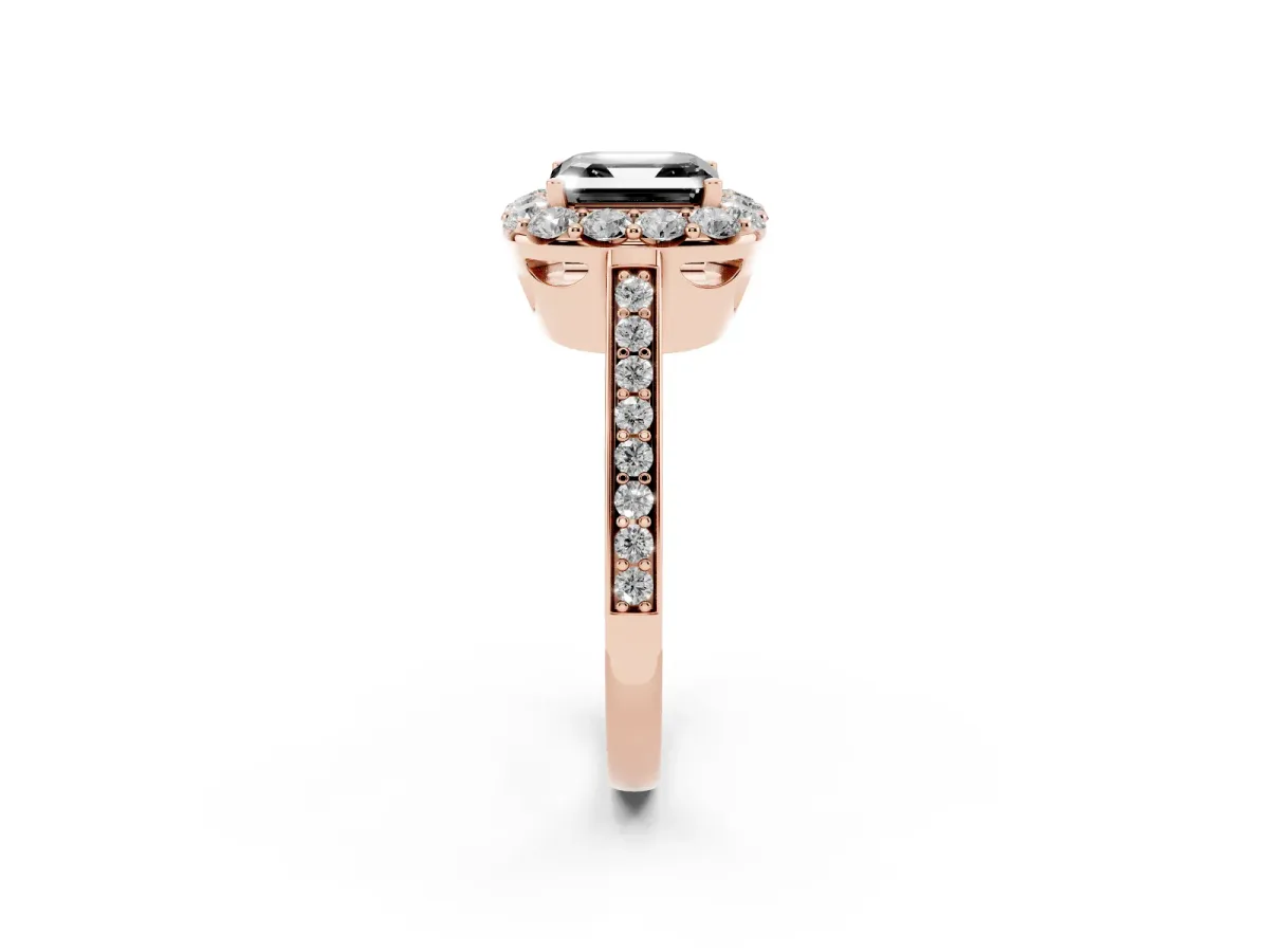 Fancy Black Asscher Cut Diamond Floral Halo Ring with Pavé Band and Prong Setting Rose gold