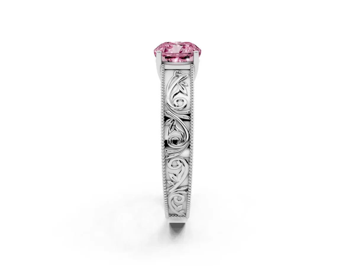Fancy Pink Cushion Cut Diamond Solitaire Ring with Engraved Band and Four-Prong Setting Silver