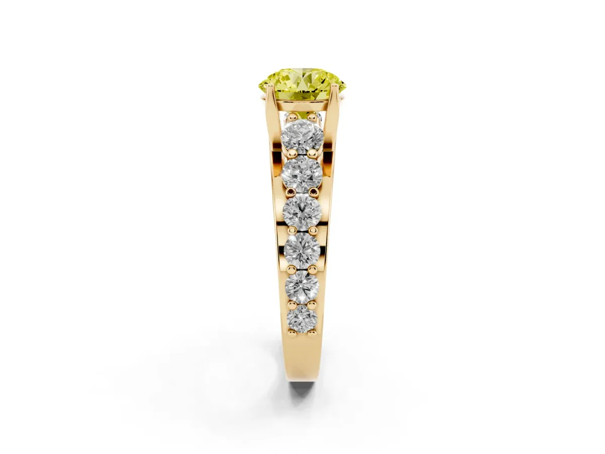 Fancy Yellow Round Cut Diamond Engagement Ring with Pavé Band and Four-Prong Setting Yellow gold