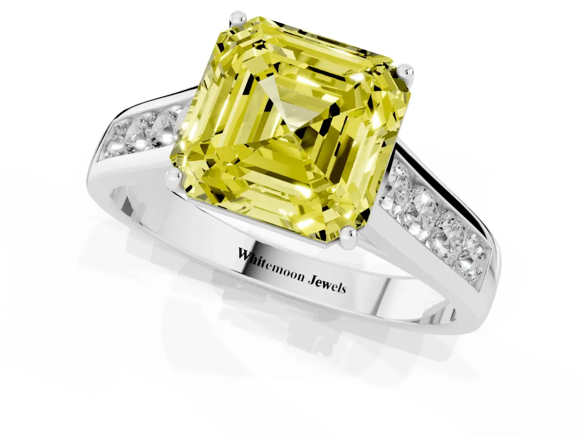 Fancy Yellow Asscher Cut Solitaire Channel-Set Diamond Engagement Ring with Four-Prong Setting Silver