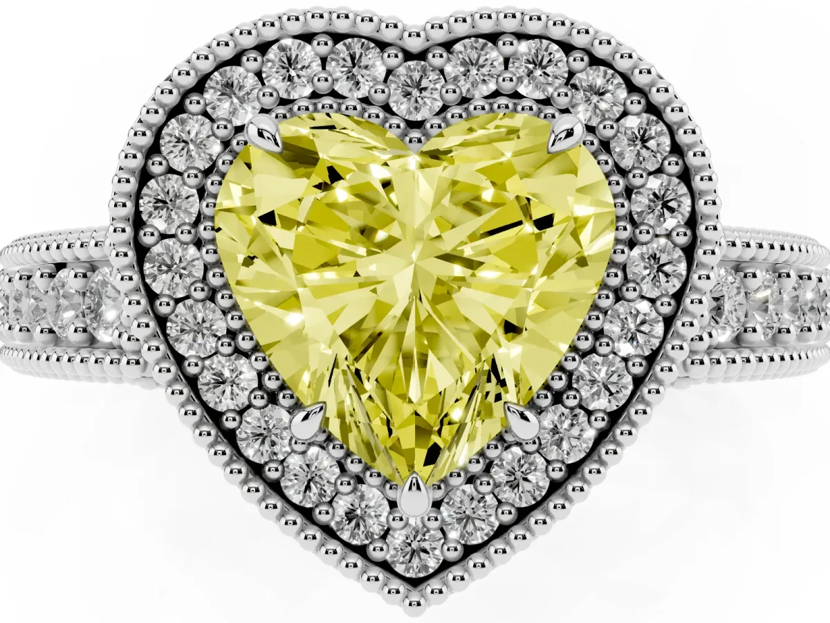 Fancy Yellow Heart Cut Cut Halo Diamond Ring with Pavé Band and Four-Prong Setting White gold