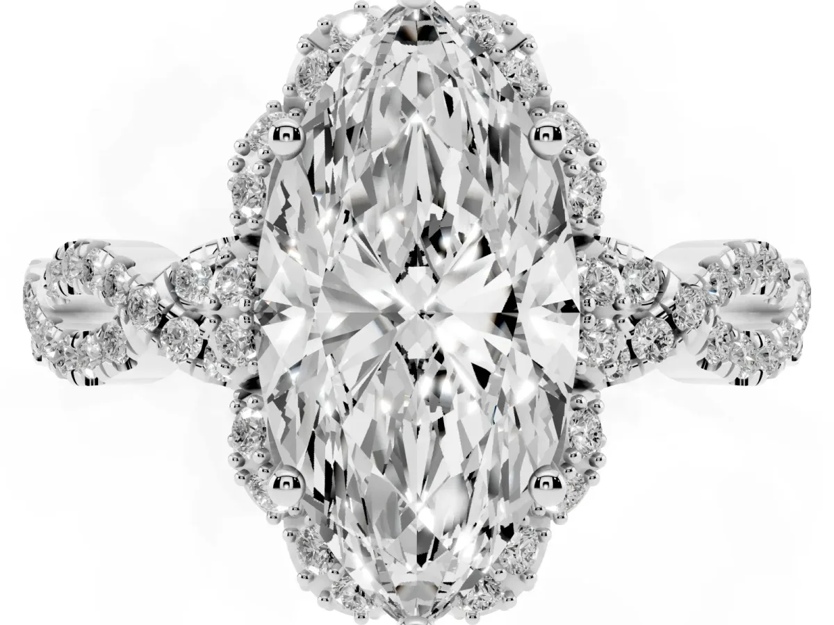 Marquise Cut Halo Twist Band Solitaire Ring with Six-Prong Setting Silver