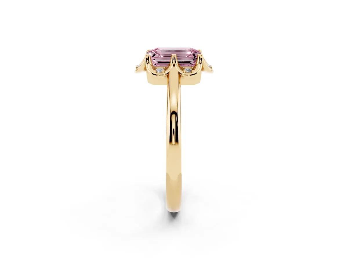 Fancy Pink Emerald Cut Halo Diamond Ring with Round Cluster Setting, Solitaire Band, and Four-Prong Setting Yellow gold