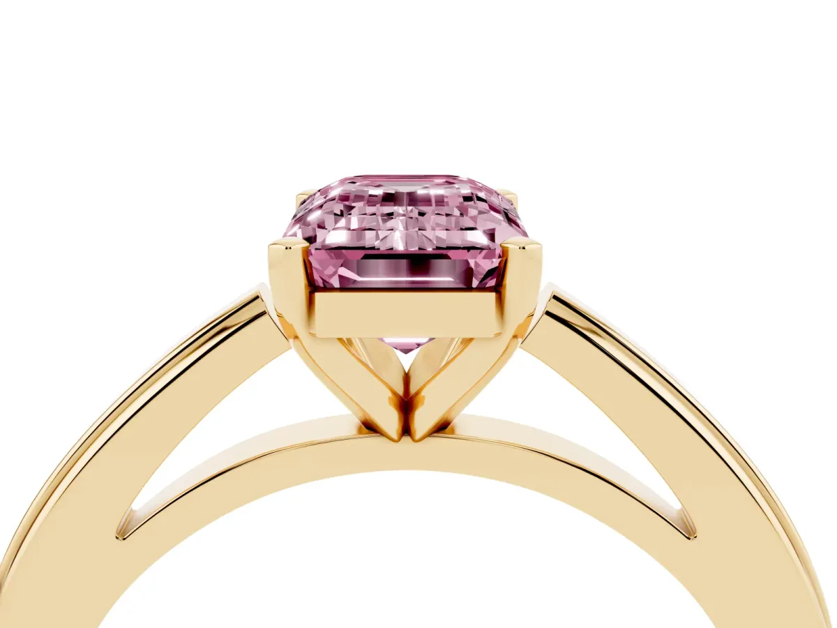 Fancy Pink Emerald Cut Solitaire Diamond Ring with Four-Prong Setting and Classic Band Yellow gold