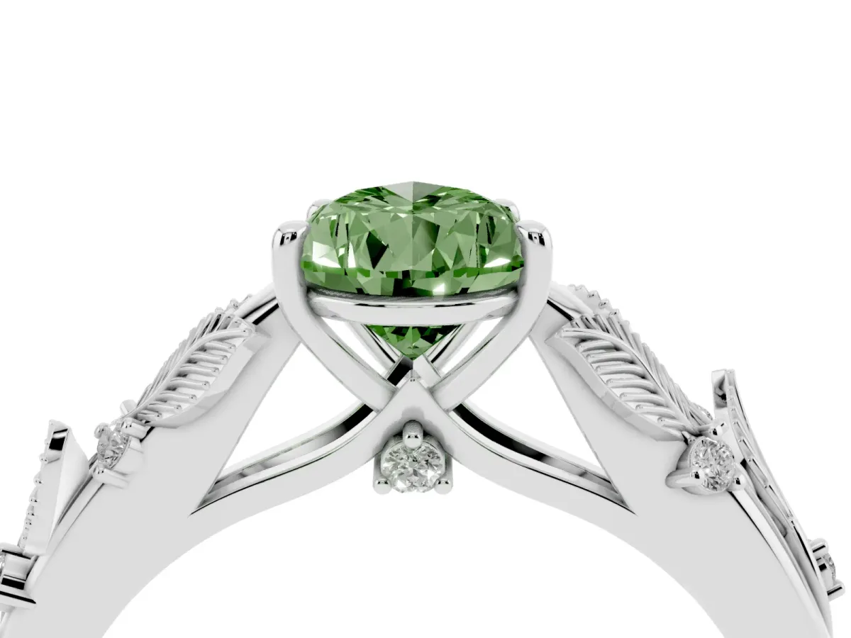 Fancy Green Pear Cut Diamond Solitaire Ring with Leaf Motif Band and Four-Prong Setting Silver