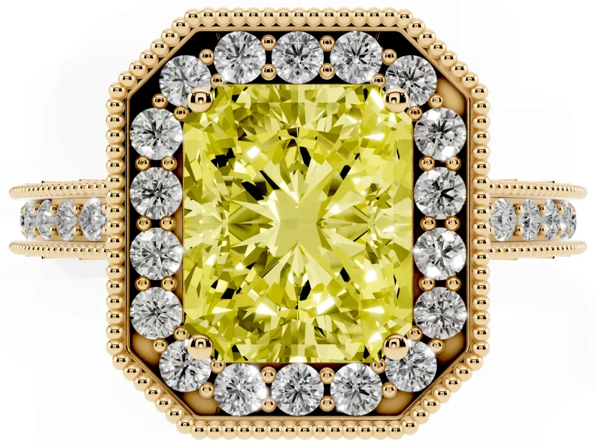 Fancy Yellow Radiant Cut Diamond Milgrain Halo Engagement Ring with Round Pavé Band and Prong Setting Yellow gold