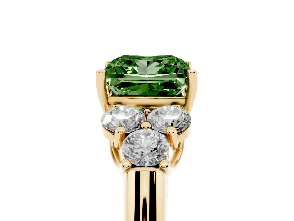 Fancy Green Princess Cut Cut Diamond Cluster Ring with Round Accent Stones and Prong Setting on a Classic Band Yellow gold