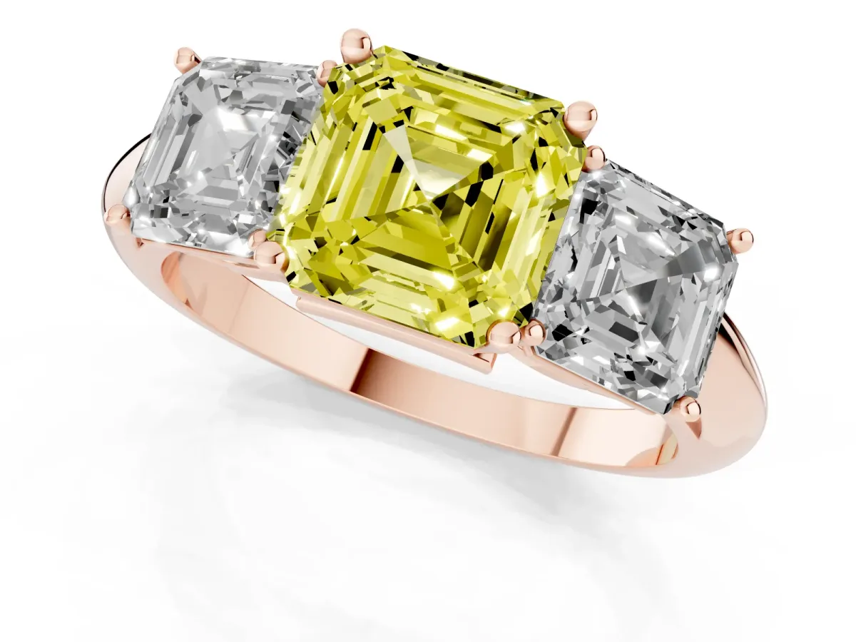 Fancy Yellow Three-Stone Asscher Cut Cut Diamond Engagement Ring with Prong Setting on a White Gold Band Rose gold