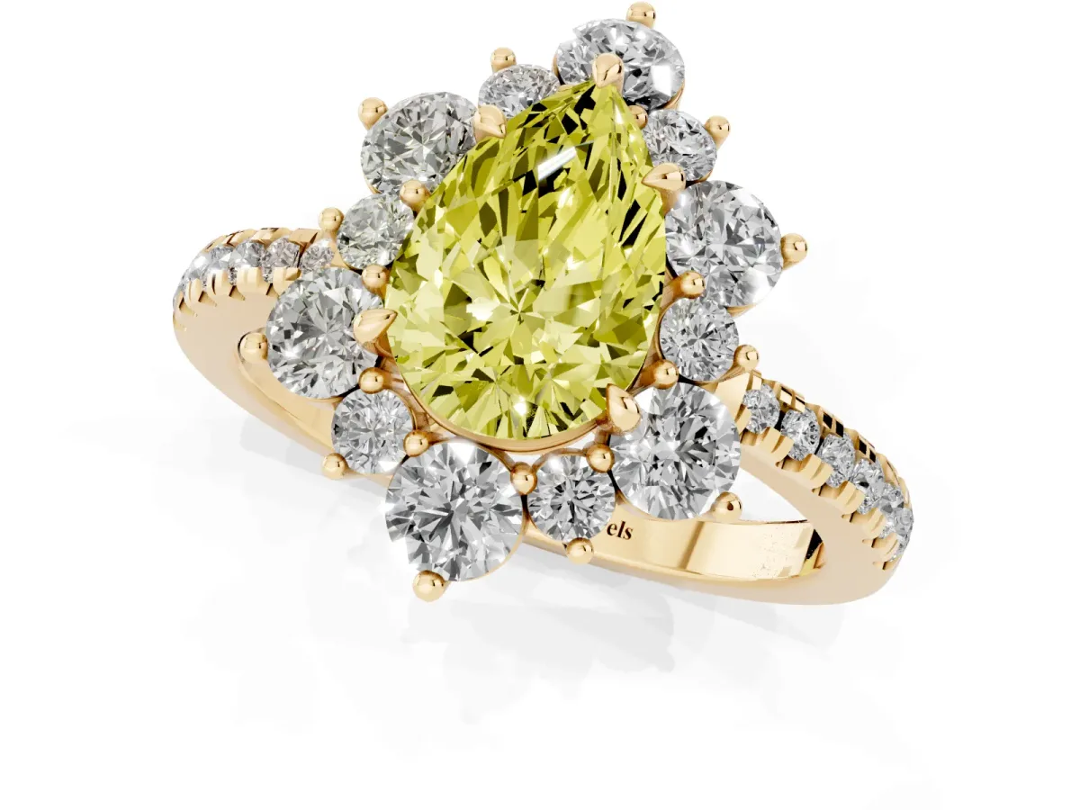 Fancy Yellow Pear Cut Diamond Floral Halo Ring with Round Pavé Band and Prong Setting Yellow gold