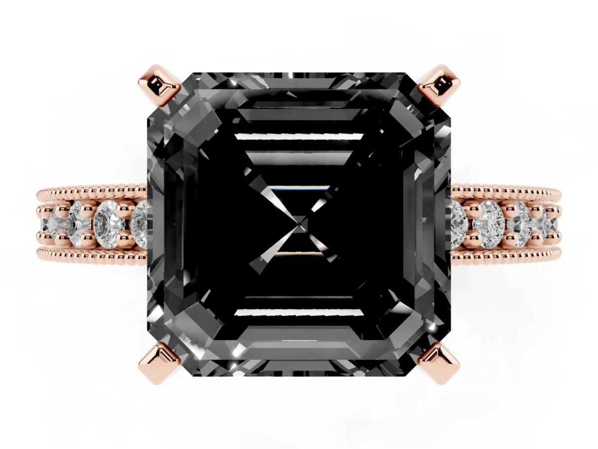 Fancy Black Asscher Cut Diamond Milgrain Pavé Engagement Ring with Four-Prong Setting Rose gold